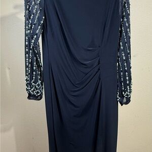MARINA Dark Black Sheath Dress with Cowl Neck and Bishop Sleeves